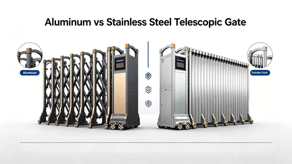 Material showcase of aluminium and stainless steel telescopic gate for factory and project entrance