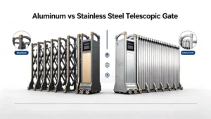 Material showcase of aluminium and stainless steel telescopic gate for factory and project entrance