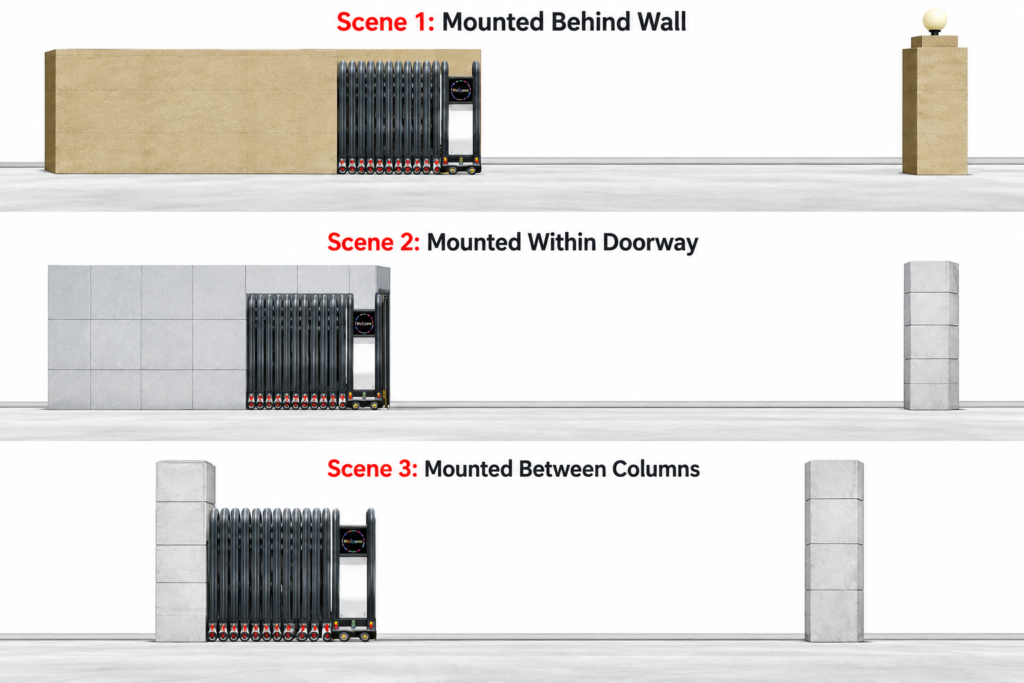 Automatic retractable gate position with three installation options