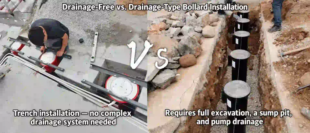 Drainage-free vs drainage-type automatic rising bollard installation comparison